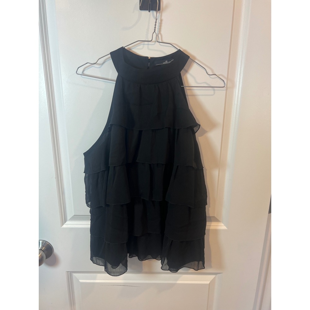 Willi Smith Womens Blouse Tiered Ruffle Layered Black Large